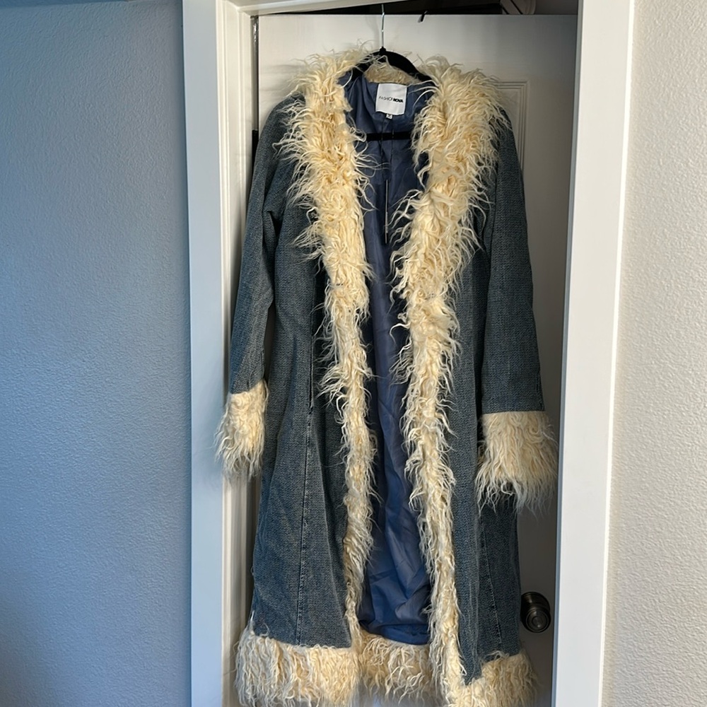 NWT Fashion Nova denim fur coat